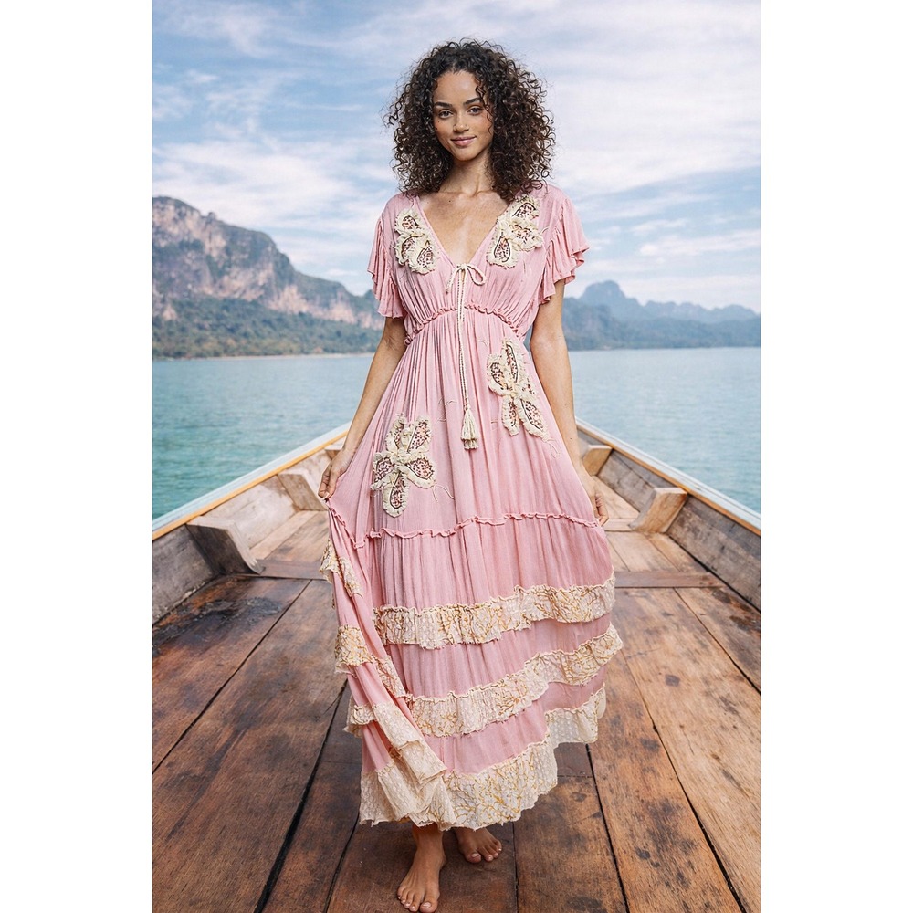 POL Boho Pink Viscose‎ V-Neck Maxi Dress with Embroidery and Sequins Size MEDIUM
